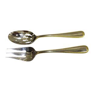 Gorham Golden Ribbon Edge Stainless Steel Hostess Serving Fork  & Pierced Spoon